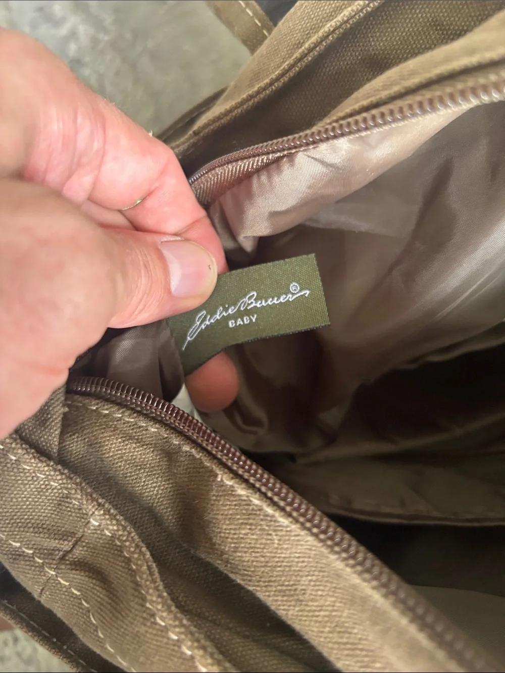 Eddie Bauer Olive Canvas Messenger Tote/ diaper bag with Dark Brown Trim